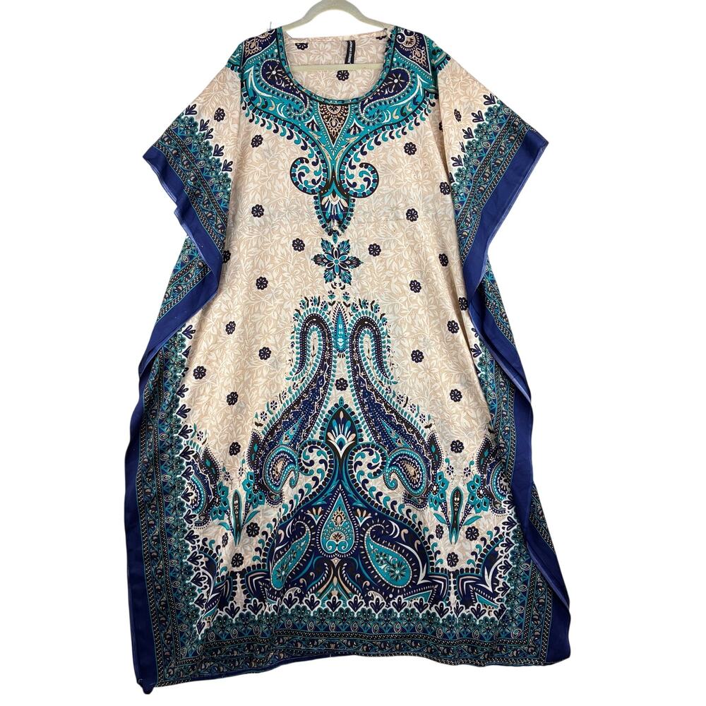 American Leisure Women's OS Caftan MuMu Maxi Dress Coverup Blue Paisley NWOT